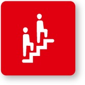gráfico de dos personas subiendo escaleras sobre fondo rojo