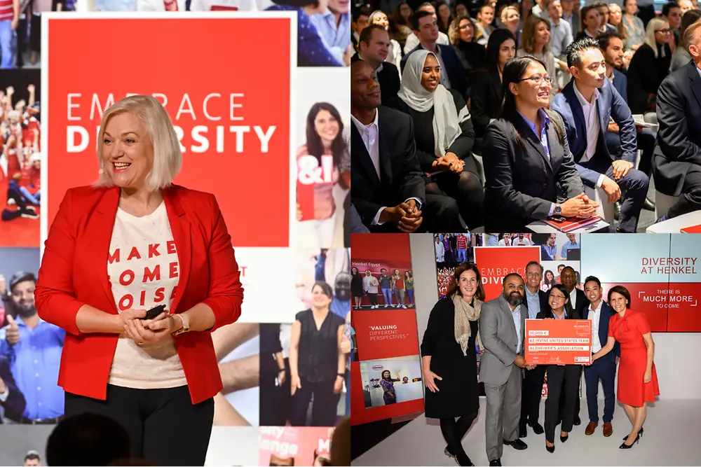 Collage de empleados de Henkel de diferentes naciones en un evento de diversidad 