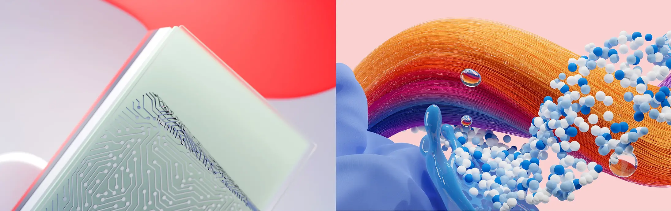 Imagen abstracta que representa las unidades de negocio de Henkel Adhesive Technologies y de Consumer Brands (Hair – Cabello- y Laundry & Home Care – Detergentes y Cuidado del Hogar-).