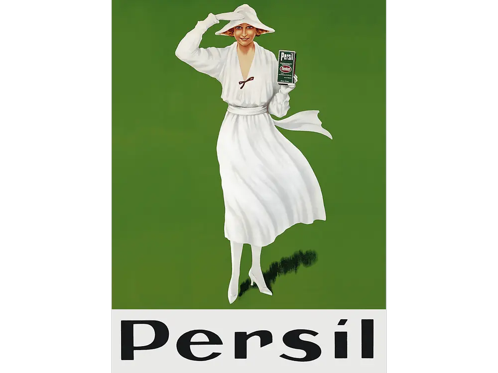 Ilustración de una persona con un atuendo completamente blanco sosteniendo una caja de detergente, sobre un fondo verde con el texto “Persil” en grande en la parte inferior.