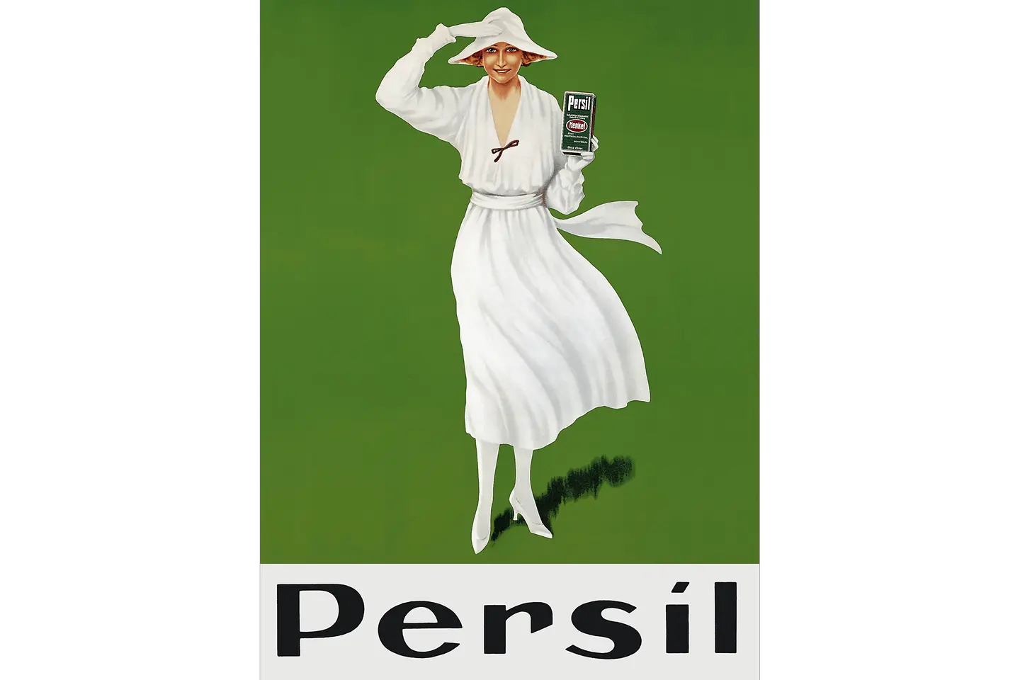 Ilustración de una persona con un atuendo completamente blanco sosteniendo una caja de detergente, sobre un fondo verde con el texto “Persil” en grande en la parte inferior.