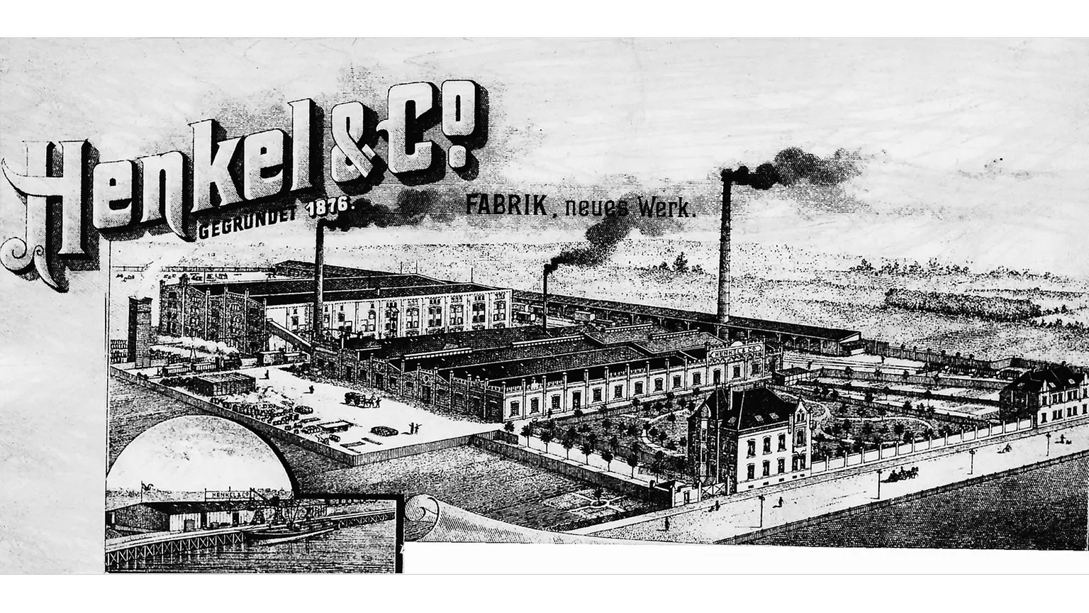 Boletín de Henkel con una imagen de la planta de Holthausen y una sección del puerto de Reisholz en la esquina inferior izquierda.