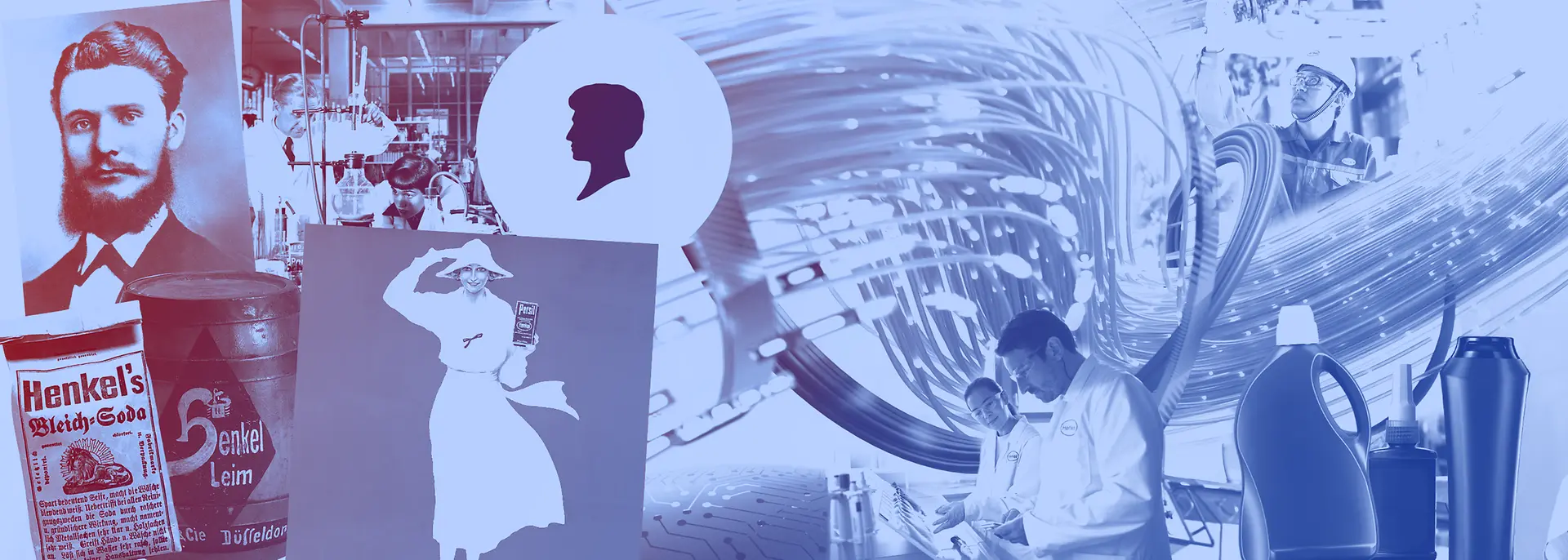 Collage de productos vintage de Henkel, botellas de detergente, personal de laboratorio y anuncios históricos en tonos azules.