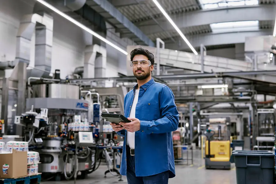 Hombre de pie en una moderna planta de producción, sosteniendo una tableta y usando anteojos de seguridad, lo que representa la innovación y la digitalización en la fabricación en Henkel.