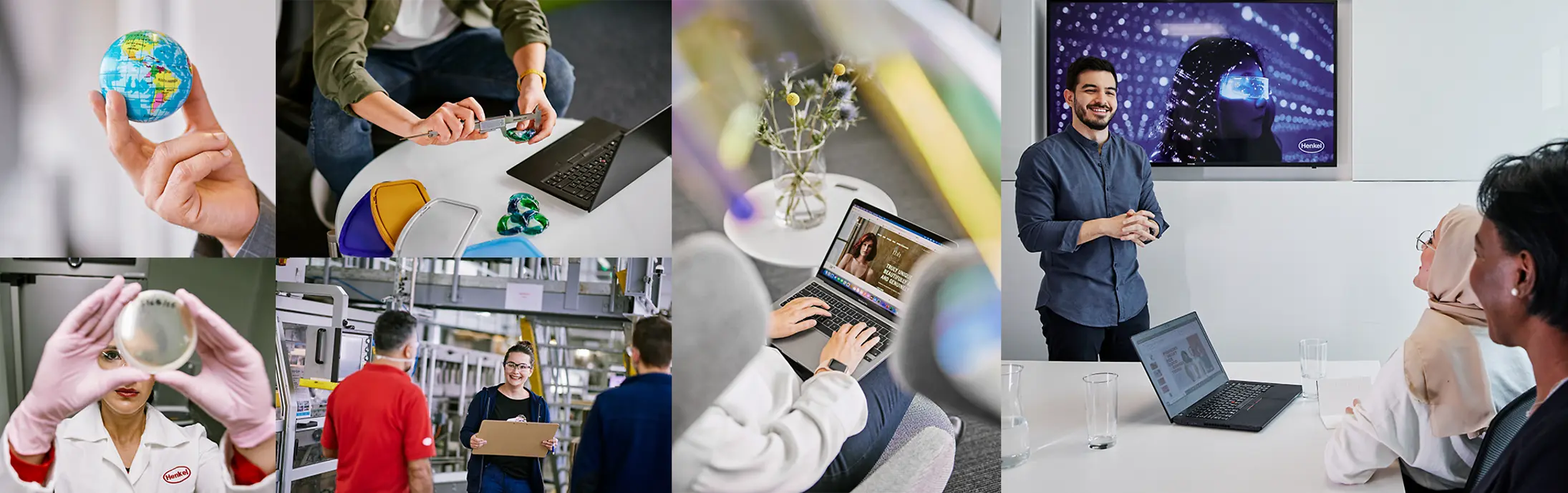 Un collage de seis imágenes que muestran un globo terráqueo, una persona trabajando en un laboratorio, personas trabajando en mesas y una escena de una reunión y presentación.