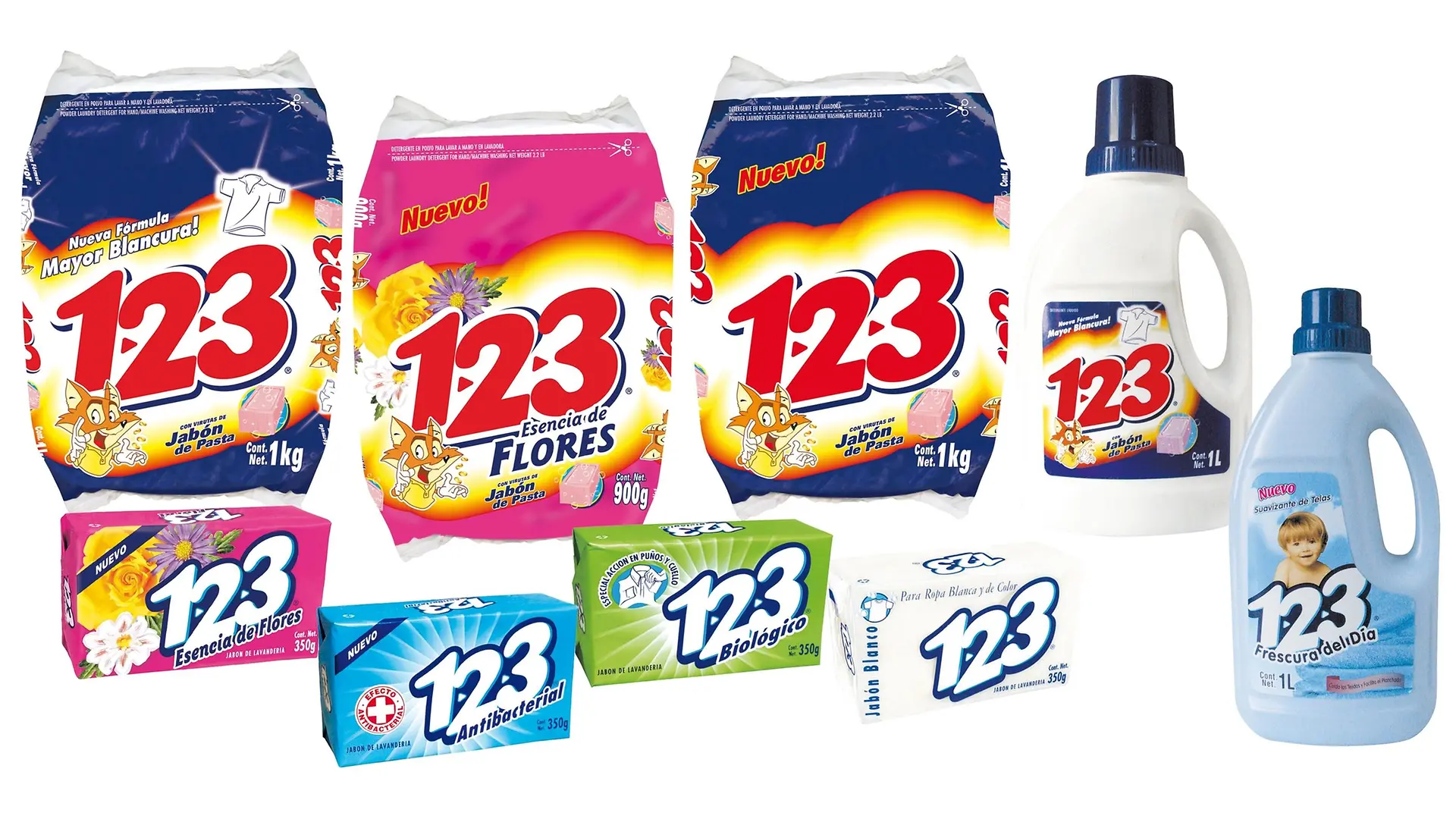 Selección de los productos más representativos de la marca 1-2-3 en la década de los 2000; presentaciones en pasta, polvos y líquidos.