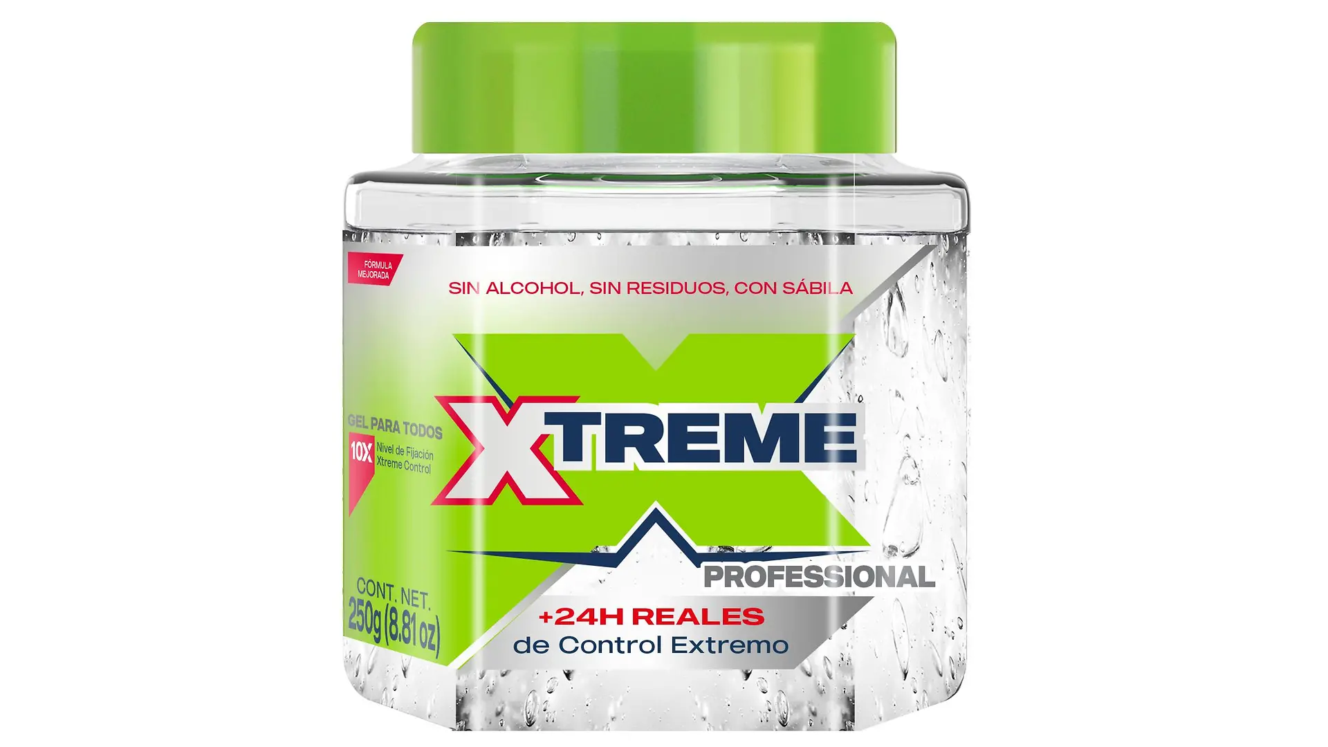 Envase transparente de gel para cabello marca Xtreme, con tapa verde y etiqueta en tonos verde, rojo y azul.