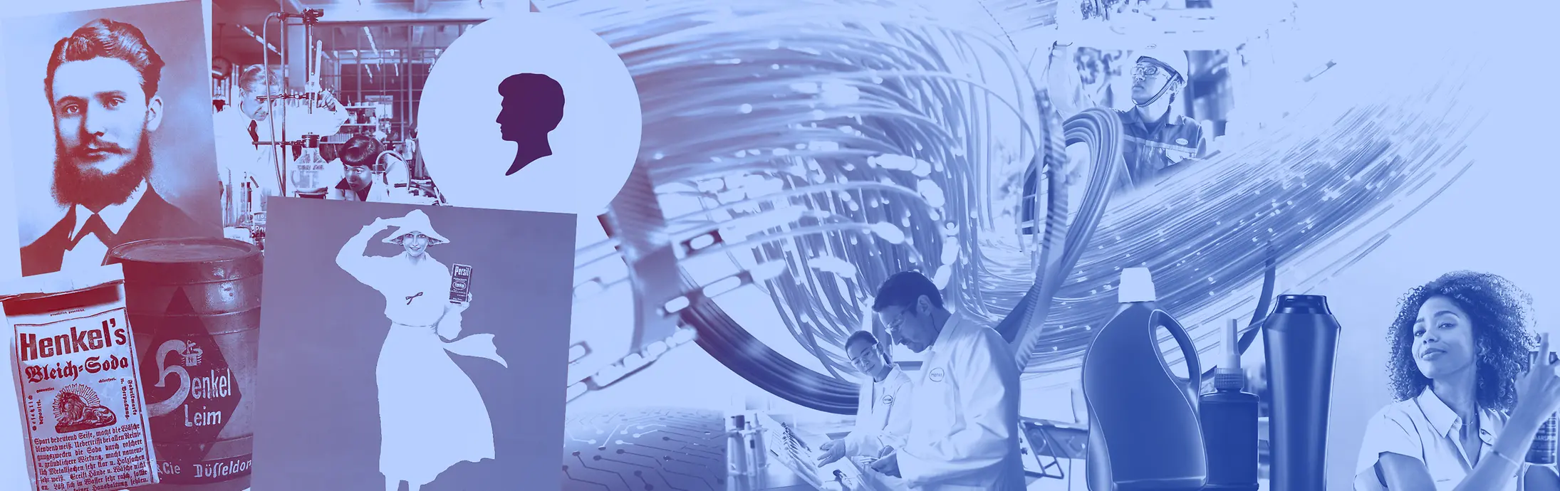 Collage de productos vintage de Henkel, botellas de detergente, personal de laboratorio y anuncios históricos en tonos azules.