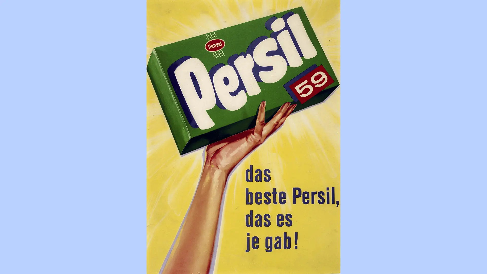 Póster publicitario en color verde que muestra una presentación de Persil 59.