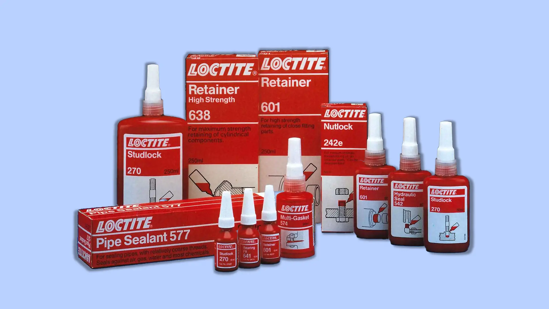 Catálogo de Loctite en la década de 1990: diversos productos para aplicaciones industriales.