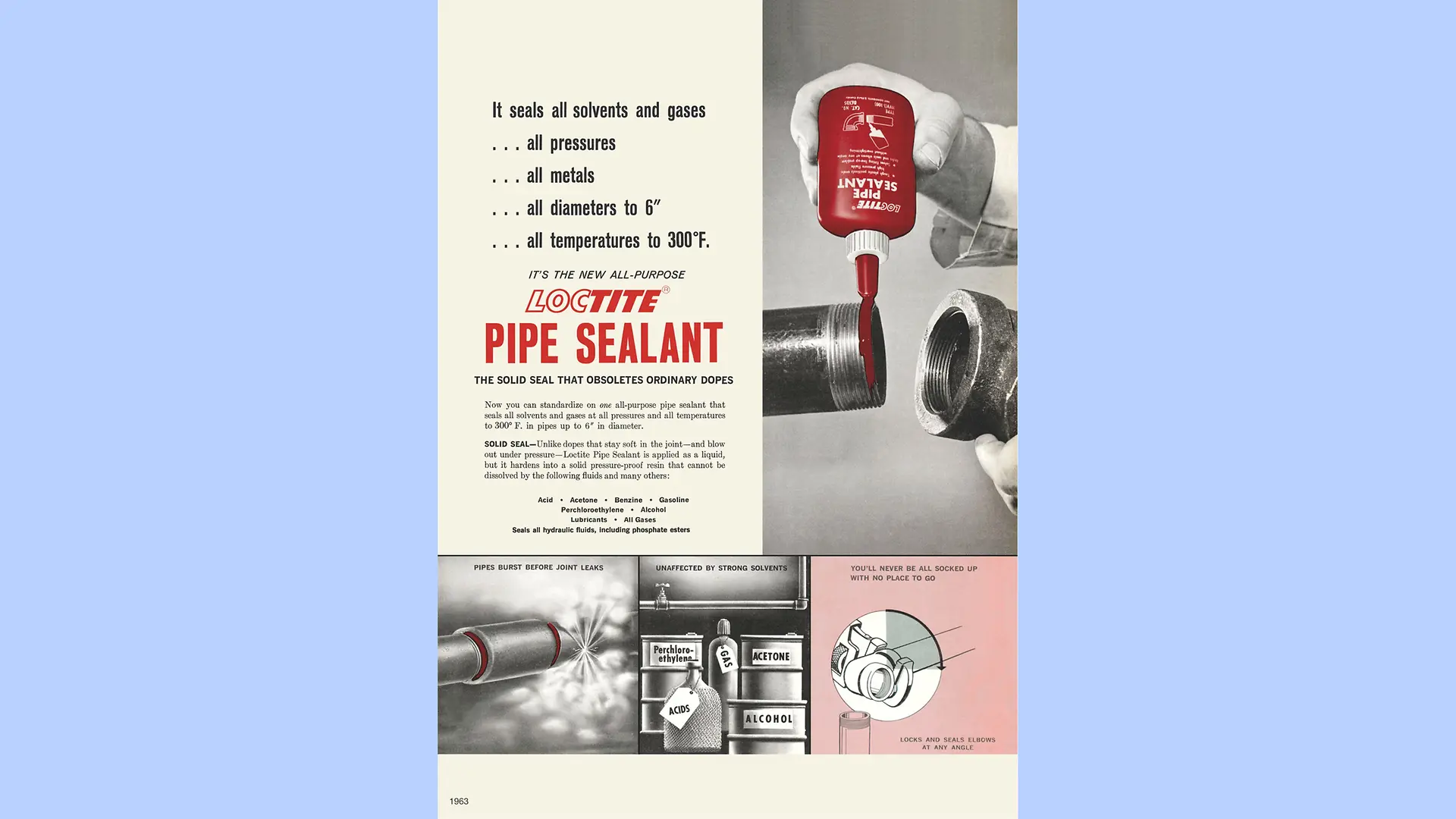 Póster publicitario en inglés para Loctite Pipe Sealant que muestra la aplicación del producto.