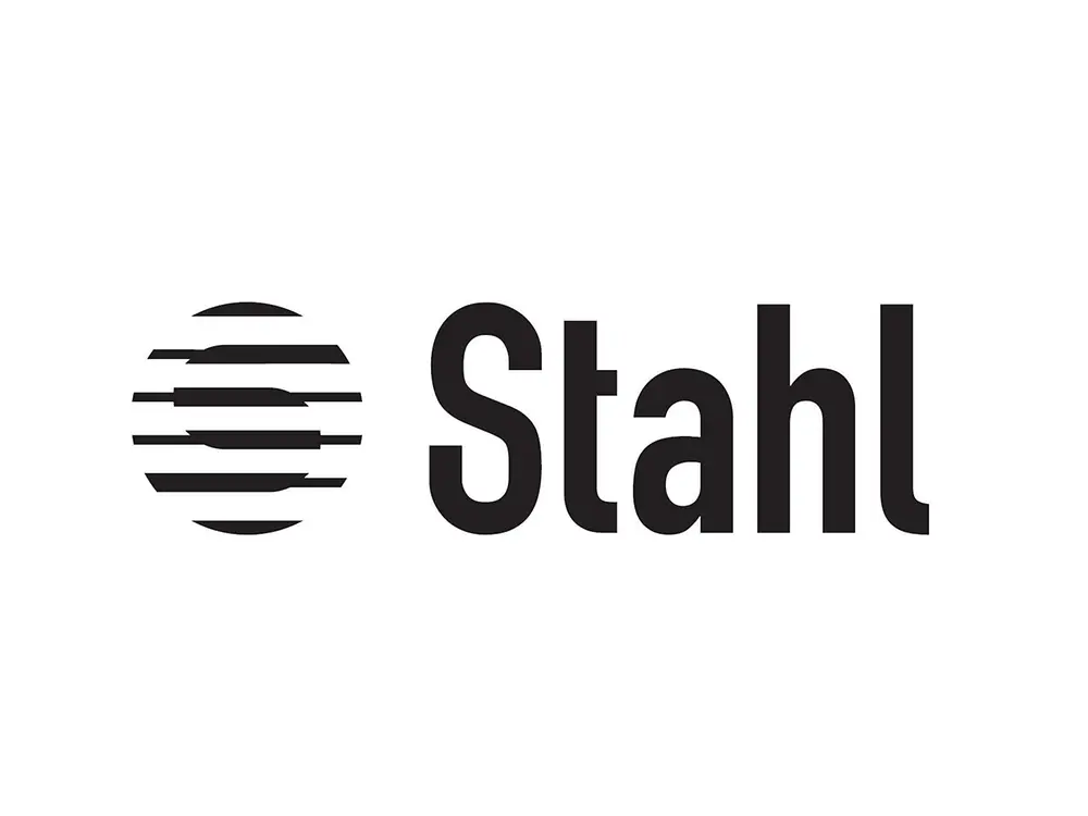 Diseño gráfico que muestra un símbolo circular con líneas horizontales y la palabra “Stahl” en tipografía sans serif.