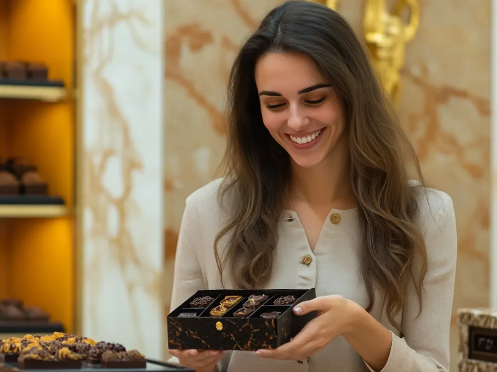 Persona sostiene una caja rectangular de chocolates con diseño exterior en tono oscuro con vetas marmoleadas. En el interior se observan varias piezas de chocolate acomodadas en compartimentos, mostradas en un ambiente de tienda con estantes de repostería al fondo.